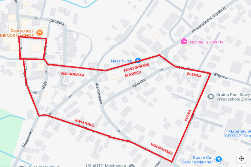Mapka przedstawiająca zamknięte drogi w związku z procesją z okazji Bożego Ciała